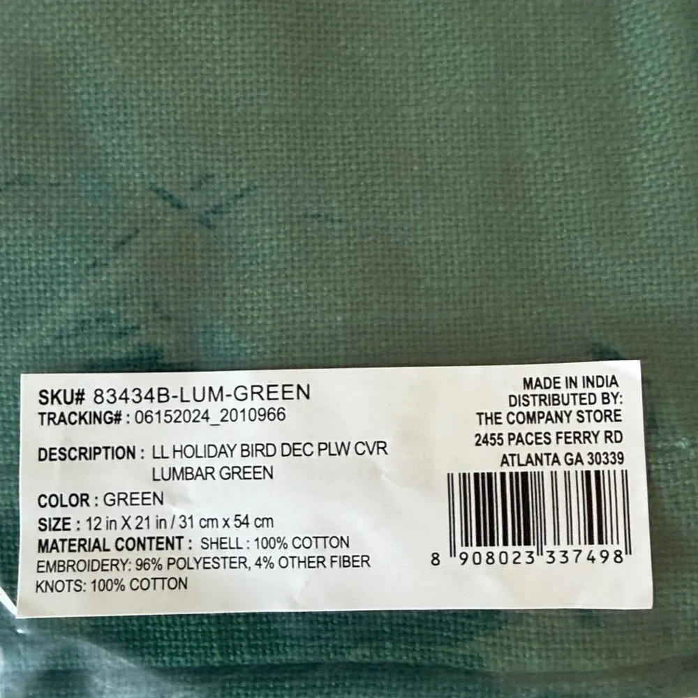 Company Store Legends Luxury Embroidered  Holiday Bird Green Lumbar Pillow 12x21